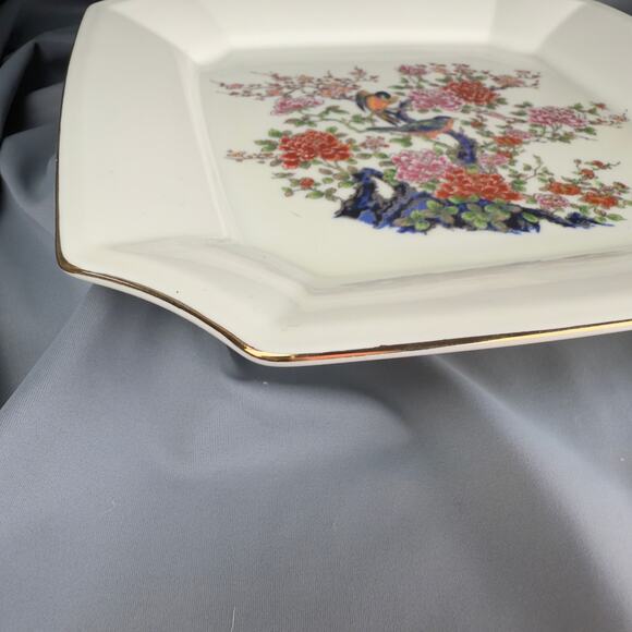 Toyo Japan Porcelain Plate Square 10” Birds Floral Hand Painted Style Gold Trim - Picture 3 of 5